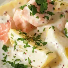 Lachs und Kartoffeln in cremiger Sauce mit Senfkörnern und Petersilie. Ein köstliches Gericht, das Lust auf mehr macht.