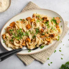 Tagliatelle mit Pfifferlingen, garniert mit Petersilie und Parmesan. Ein köstliches Herbstgericht, das die Aromen der Natur einfängt.