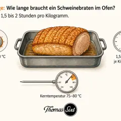 Ein saftiger Schweinebraten im Ofen: 1,5-2 Std. pro Kilogramm bei 160-180°C. Kerntemperatur 75-80°C.