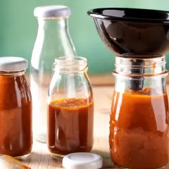 Selbstgemachter Ketchup wird in Gläser abgefüllt. Ein Trichter hilft beim Abfüllen für die Konservierung.