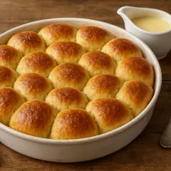 Goldbraune Buchteln, frisch aus dem Ofen, warten auf das Vanillesoßen-Bad. Ein Genuss nach dem buchteln original rezept.
