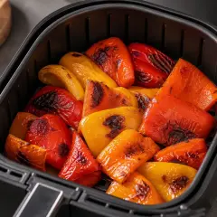 Rote und gelbe Paprikaschoten sind im Airfryer perfekt gegrillt und leicht gebräunt. Ein köstlicher Snack!