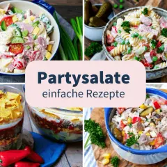 Vier bunte Partysalate, perfekt zum Vorbereiten am Vortag: Kartoffel-, Nudel-, Schicht- und Reissalat.