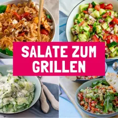 Vier leckere Salat-Rezepte für den Grill: Nudel-, Gurken-, Tomaten- und Thunfischsalat. Perfekt für jede Sommerparty!
