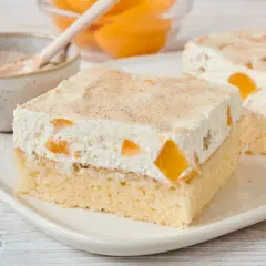 Saftiger Pfirsich Schmand Kuchen mit zarter Creme und Pfirsichstücken, bestreut mit Zimt. Ein Genuss!