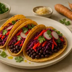 Drei bunte Tacos mit schwarzen Bohnen, Rotkohl, Radieschen und Koriander. Perfekt für schwarze bohnen rezepte!