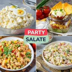 Vier bunte Salate für deine schneller salat party: Kartoffelsalat, Linsensalat, Nudelsalat und ein Salat im Glas.
