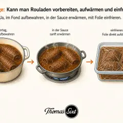 Rouladen vorbereiten tag vorher: im Fond aufbewahren, dann sanft erwärmen und einfrieren.