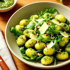 Ein köstlicher Gnocchi Salat mit Pesto, garniert mit Pinienkernen und Parmesan.