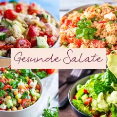 Vier bunte Salate, die als Hauptspeise dienen. Entdecke leckere Salat Rezepte für deine nächste Mahlzeit.