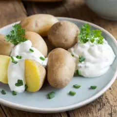 Gedämpfte Kartoffeln mit Kräuterquark und Schnittlauch, schnell in der Mikrowelle zubereitet.