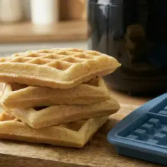 Frisch gebackene Waffeln im Airfryer gestapelt, daneben eine blaue Waffelform und ein Airfryer.