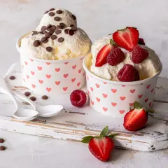 Zwei Becher mit cremigem Frozen Joghurt, einer mit Schokostückchen, der andere mit frischen Beeren. Ein leckeres Frozen Joghurt Rezept für heiße Tage.