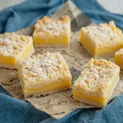 Sechs rechteckige Kuchenstücke mit gelber Füllung und knusprigen Streuseln. Boden und Streusel sind aus dem gleichen Teig, wie bei einem klassischen Streuselkuchen.