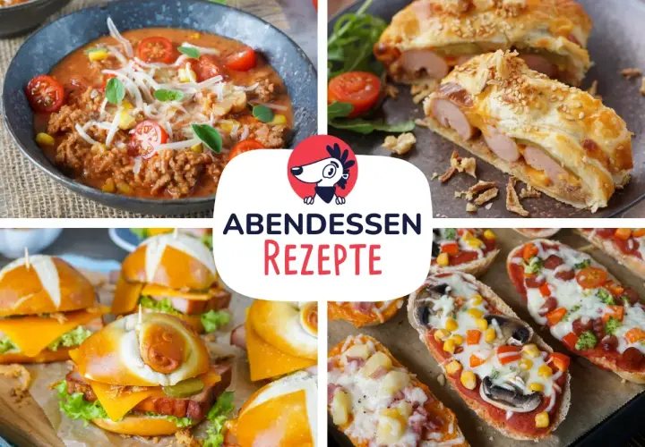 Leckere und schnelle Gerichte für dein Abendessen: herzhafte Suppe, Würstchen im Blätterteig, Mini-Burger und Pizzaschnecken.