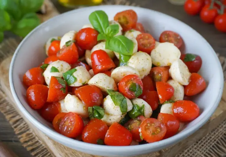 Ein frischer italienischer Salat mit Kirschtomaten, Mozzarella-Bällchen und Basilikumblättern, appetitlich in einer Schüssel angerichtet.