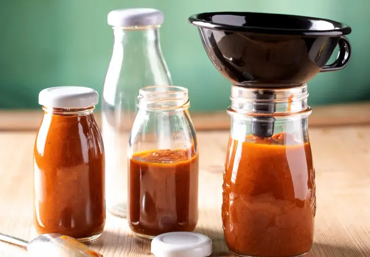 Selbstgemachter Ketchup wird in Gläser abgefüllt. Ein Trichter hilft beim Abfüllen für die Konservierung.