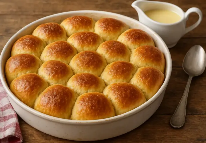 Goldbraune Buchteln, frisch aus dem Ofen, warten auf das Vanillesoßen-Bad. Ein Genuss nach dem buchteln original rezept.