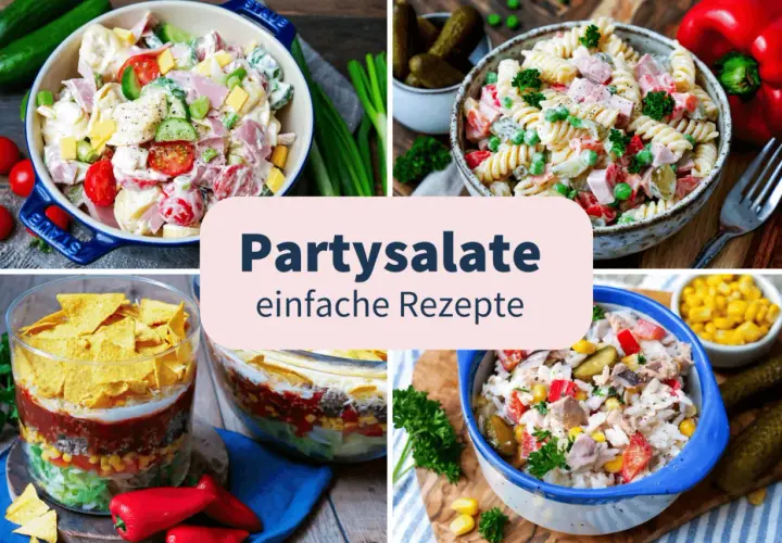 Vier bunte Partysalate, perfekt zum Vorbereiten am Vortag: Kartoffel-, Nudel-, Schicht- und Reissalat.