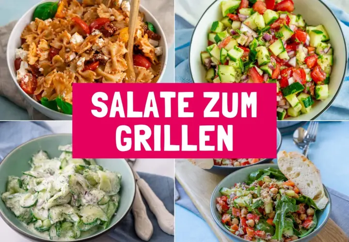 Vier leckere Salat-Rezepte für den Grill: Nudel-, Gurken-, Tomaten- und Thunfischsalat. Perfekt für jede Sommerparty!