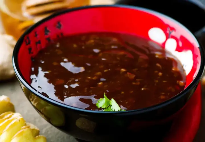 Eine Schüssel mit glänzender Teriyaki-Sauce, umgeben von Ingwer und braunem Zucker. Was ist Teriyaki? Eine süß-salzige Glasur für Fleisch und Fisch.
