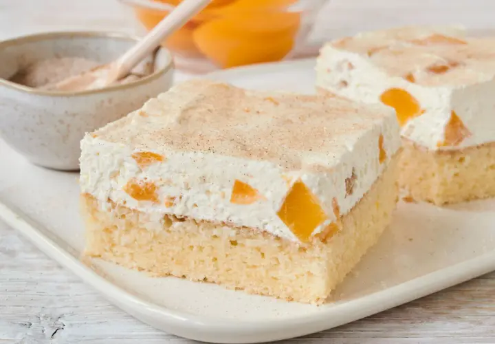 Saftiger Pfirsich Schmand Kuchen mit zarter Creme und Pfirsichstücken, bestreut mit Zimt. Ein Genuss!