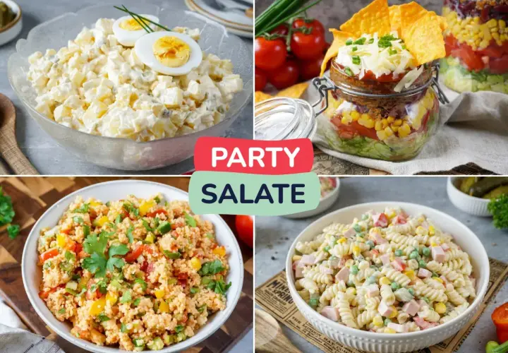 Vier bunte Salate für deine schneller salat party: Kartoffelsalat, Linsensalat, Nudelsalat und ein Salat im Glas.