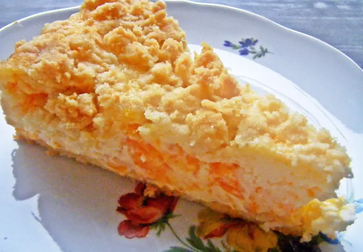 Ein Stück Mandarine Schmand Kuchen mit Streuseln auf einem Teller mit Blumenmuster.