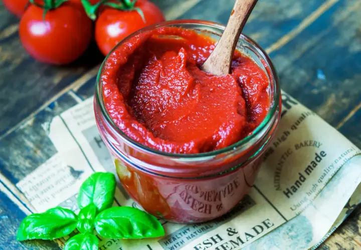 Selbstgemachter Ketchup aus Tomatenmark, mit frischem Basilikum und reifen Tomaten im Hintergrund.