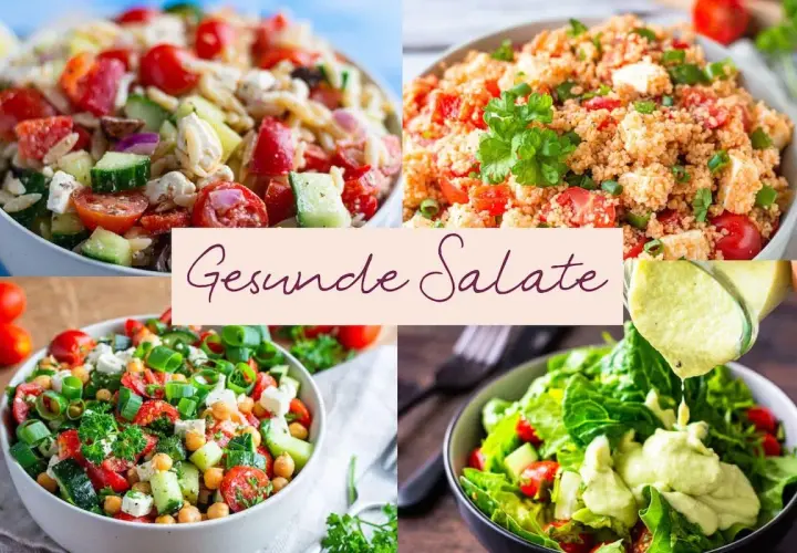 Vier bunte Salate, die als Hauptspeise dienen. Entdecke leckere Salat Rezepte für deine nächste Mahlzeit.