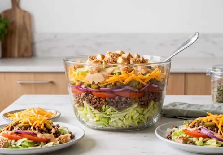 Schichtsalat im Big Mac Stil: knackiger Salat, Hackfleisch, Tomaten, Zwiebeln, Gurken, Käse und Croutons mit Sauce.