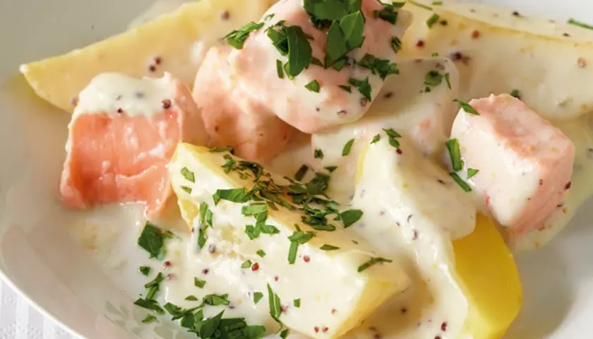 Lachs und Kartoffeln in cremiger Sauce mit Senfkörnern und Petersilie. Ein köstliches Gericht, das Lust auf mehr macht.
