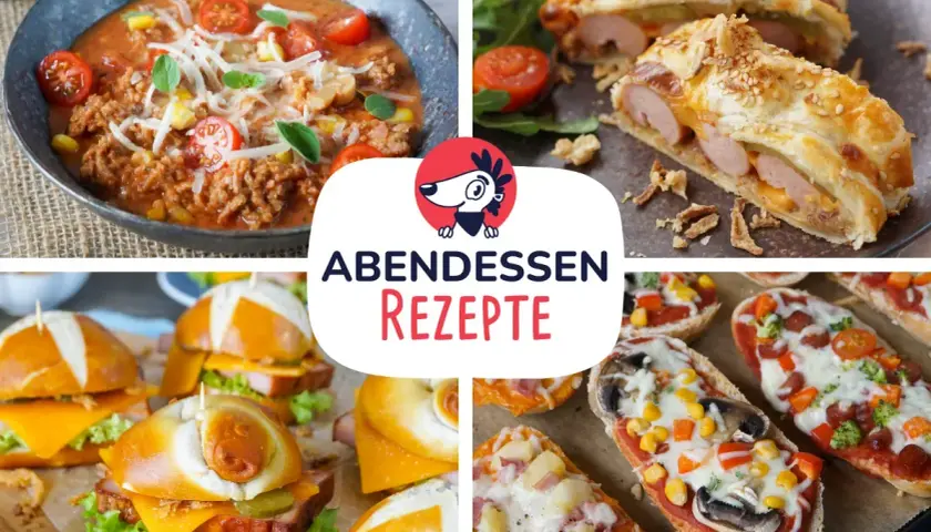 Leckere und schnelle Gerichte für dein Abendessen: herzhafte Suppe, Würstchen im Blätterteig, Mini-Burger und Pizzaschnecken.