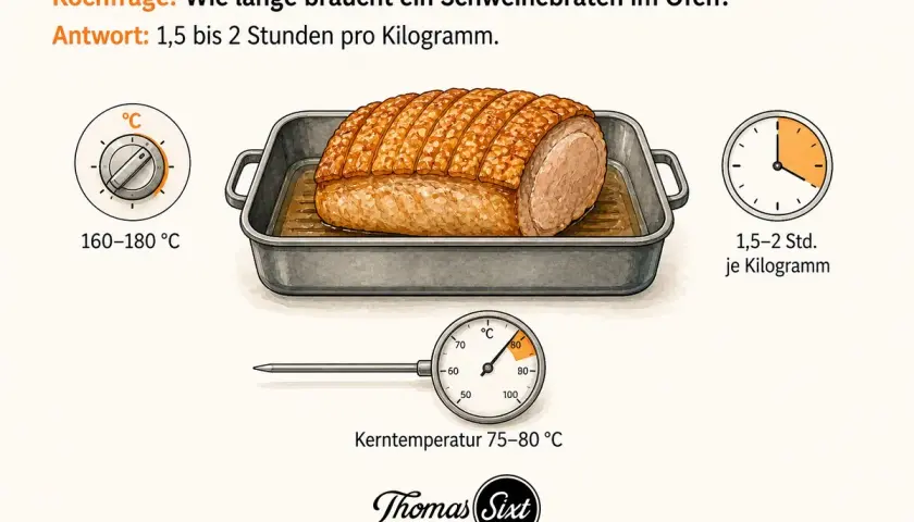 Ein saftiger Schweinebraten im Ofen: 1,5-2 Std. pro Kilogramm bei 160-180°C. Kerntemperatur 75-80°C.