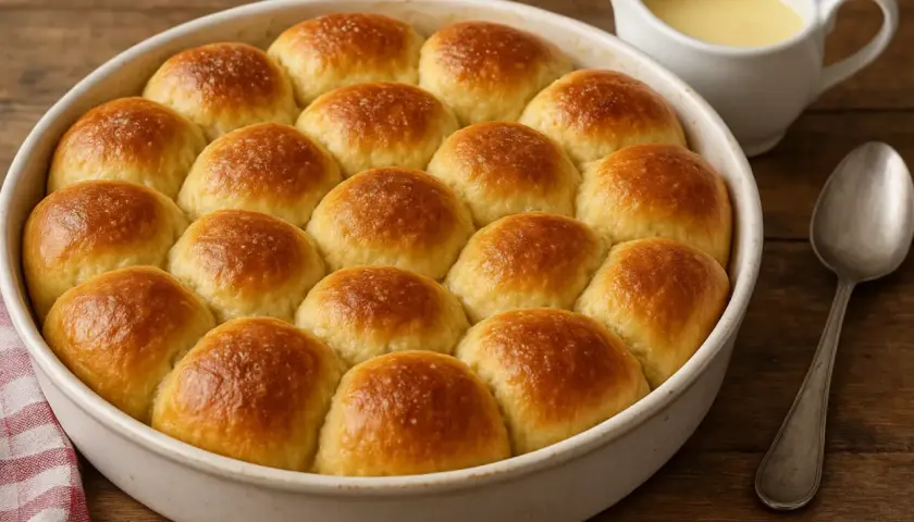 Goldbraune Buchteln, frisch aus dem Ofen, warten auf das Vanillesoßen-Bad. Ein Genuss nach dem buchteln original rezept.