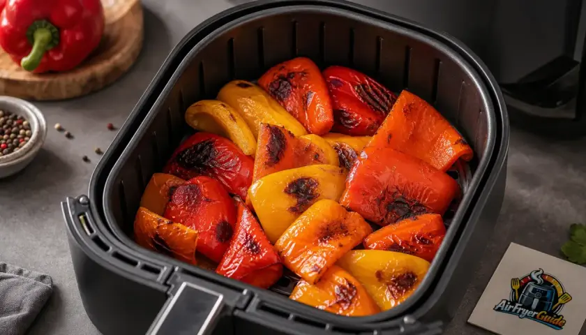 Rote und gelbe Paprikaschoten sind im Airfryer perfekt gegrillt und leicht gebräunt. Ein köstlicher Snack!