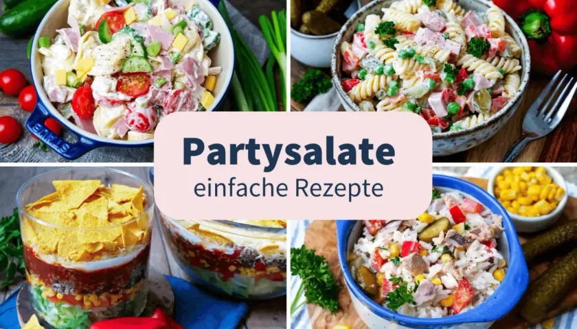 Vier bunte Partysalate, perfekt zum Vorbereiten am Vortag: Kartoffel-, Nudel-, Schicht- und Reissalat.