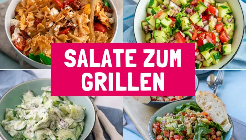Vier leckere Salat-Rezepte für den Grill: Nudel-, Gurken-, Tomaten- und Thunfischsalat. Perfekt für jede Sommerparty!
