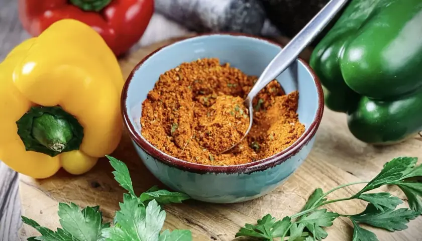 Schüssel mit Gewürzmischung, perfekt zum pul biber selbst mischen. Bunte Paprika und frische Petersilie liegen daneben.