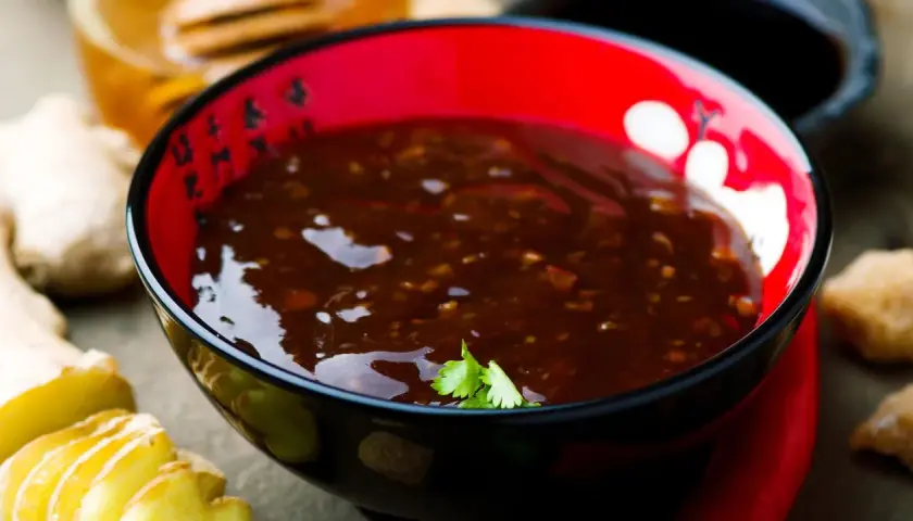 Eine Schüssel mit glänzender Teriyaki-Sauce, umgeben von Ingwer und braunem Zucker. Was ist Teriyaki? Eine süß-salzige Glasur für Fleisch und Fisch.