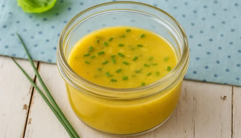 Ein Glas mit leckerem Honig-Senf-Dressing, garniert mit Schnittlauch. Perfekt für dein nächstes Salat-Rezept!