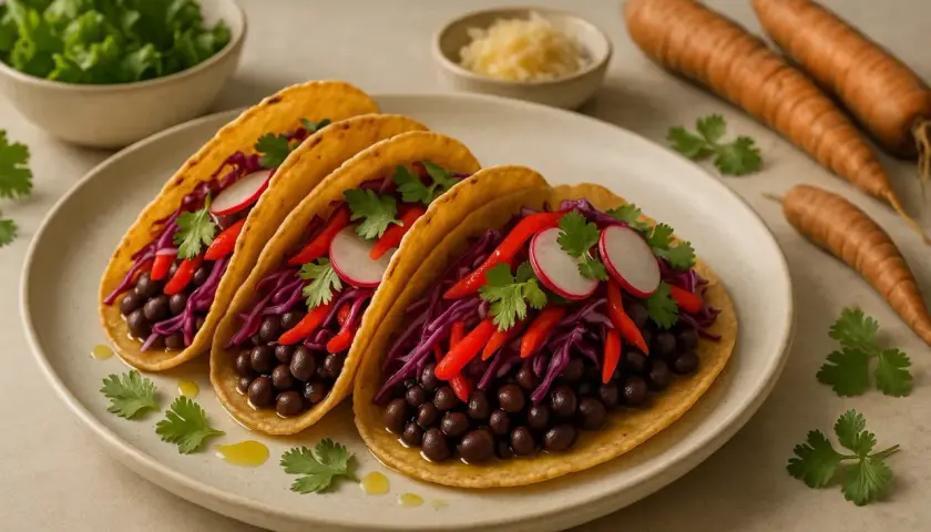 Drei bunte Tacos mit schwarzen Bohnen, Rotkohl, Radieschen und Koriander. Perfekt für schwarze bohnen rezepte!