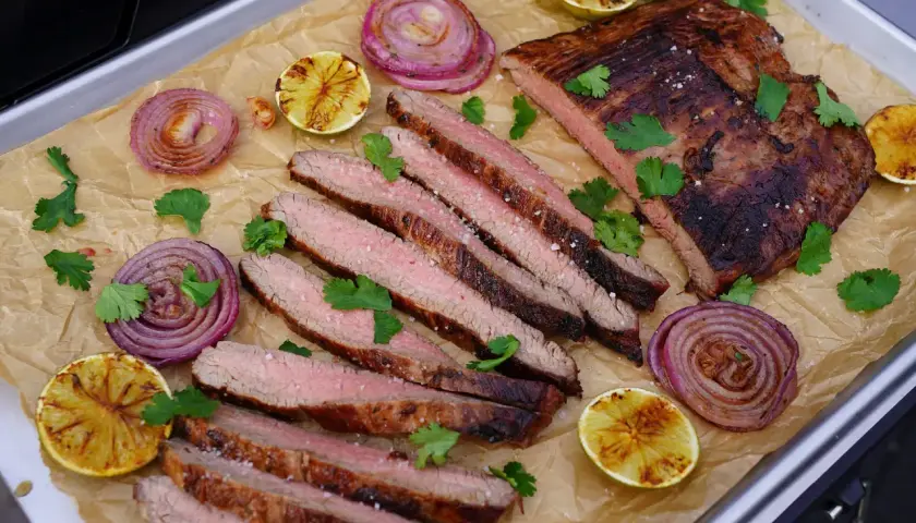 Saftiges bavette d'aloyau rezept: gegrilltes Steak, perfekt geschnitten, mit gerösteten Zwiebeln, Limetten und Koriander garniert.