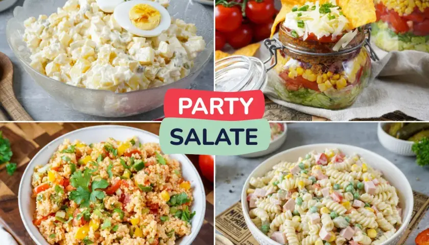 Vier bunte Salate für deine schneller salat party: Kartoffelsalat, Linsensalat, Nudelsalat und ein Salat im Glas.