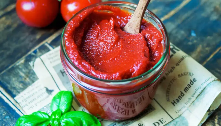 Selbstgemachter Ketchup aus Tomatenmark, mit frischem Basilikum und reifen Tomaten im Hintergrund.