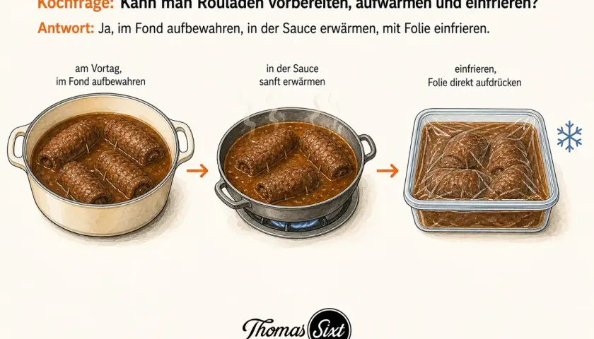 Rouladen vorbereiten tag vorher: im Fond aufbewahren, dann sanft erwärmen und einfrieren.
