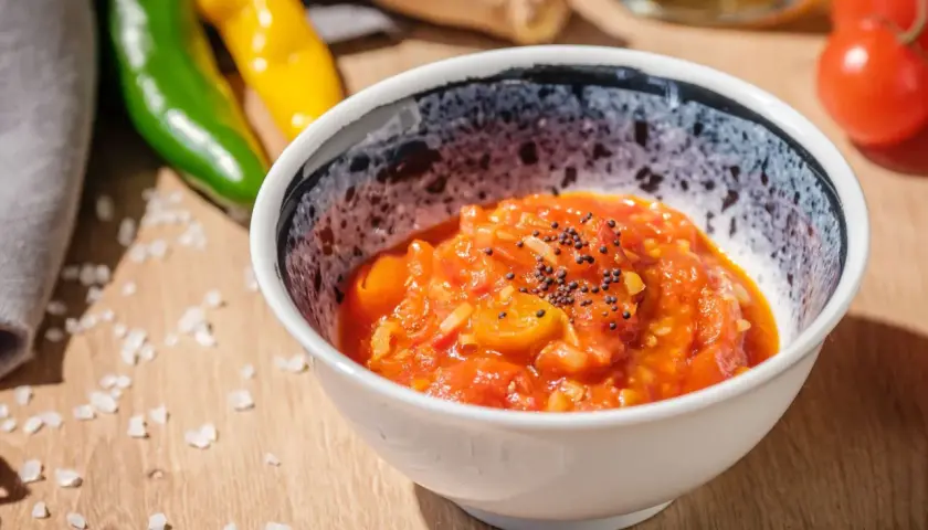 Schüssel mit würzigem Tomaten-Chutney, garniert mit Senfkörnern. Daneben liegen grüne und gelbe Chilis, perfekt für ein Tomaten-Chutney-Rezept.