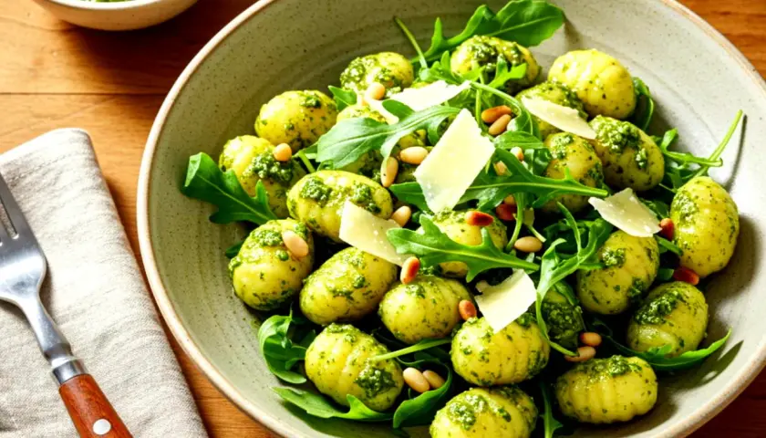 Ein köstlicher Gnocchi Salat mit Pesto, garniert mit Pinienkernen und Parmesan.
