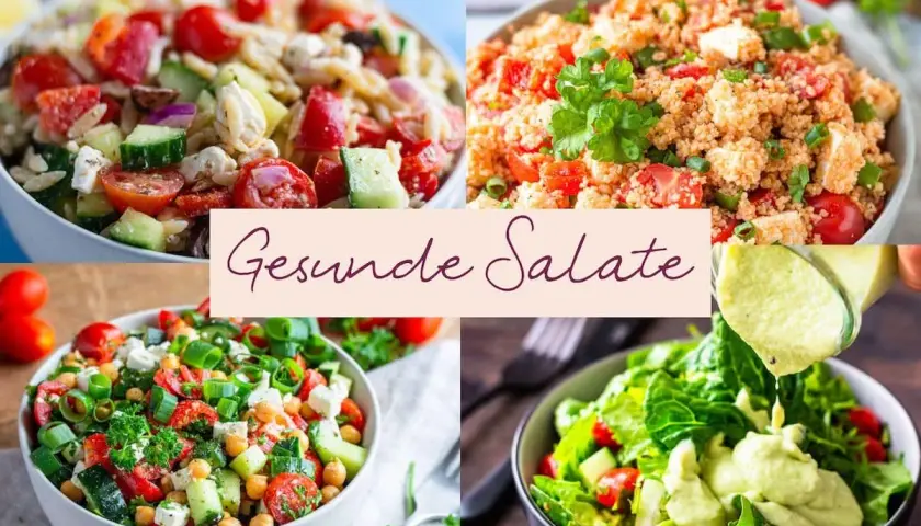 Vier bunte Salate, die als Hauptspeise dienen. Entdecke leckere Salat Rezepte für deine nächste Mahlzeit.