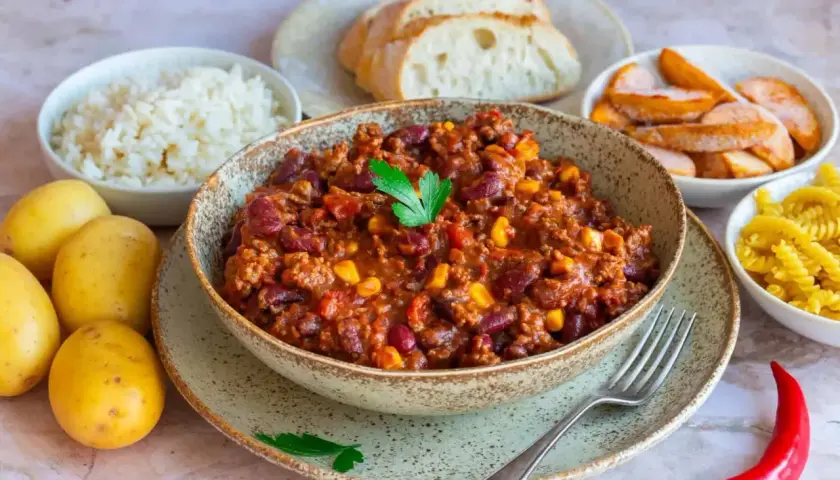 Herzhaftes Chili con Carne als Beilage, serviert mit Reis, Brot, Kartoffeln und Nudeln. Ein Festmahl!